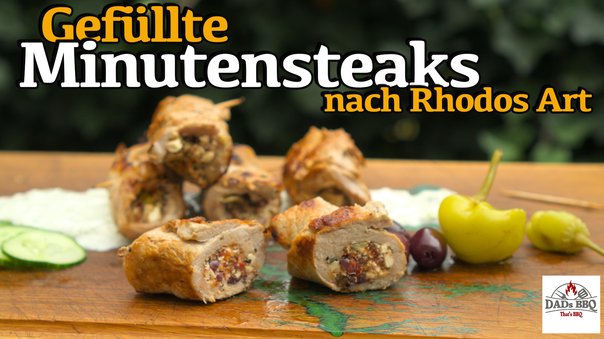 Gefüllte Minutensteaks Rhodos Art vom Grill – mit Feta, Tomaten und Peperoni