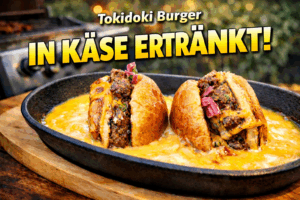Tokidoki Burger vom Grill mit Käse-Sauce – japanischer Fusion-Burger im Hambāgu-Style