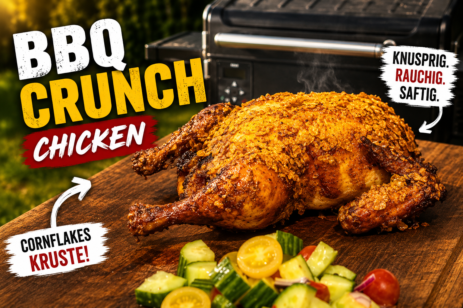 BBQ Crunch Chicken aus dem Smoker – Knuspriges Hähnchen mit Cornflakes-Kruste